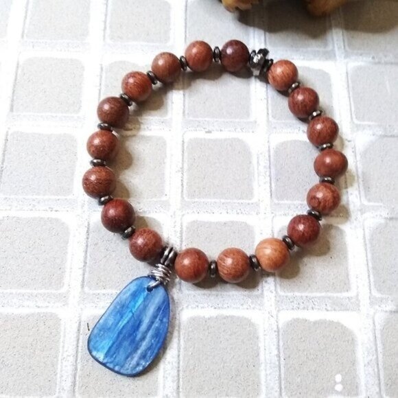Blue Kyanite + Hematite + Wood ~ Beaded Stretch Bracelet ~ 6-6.5" Wrist ~ Unisex - Picture 3 of 8
